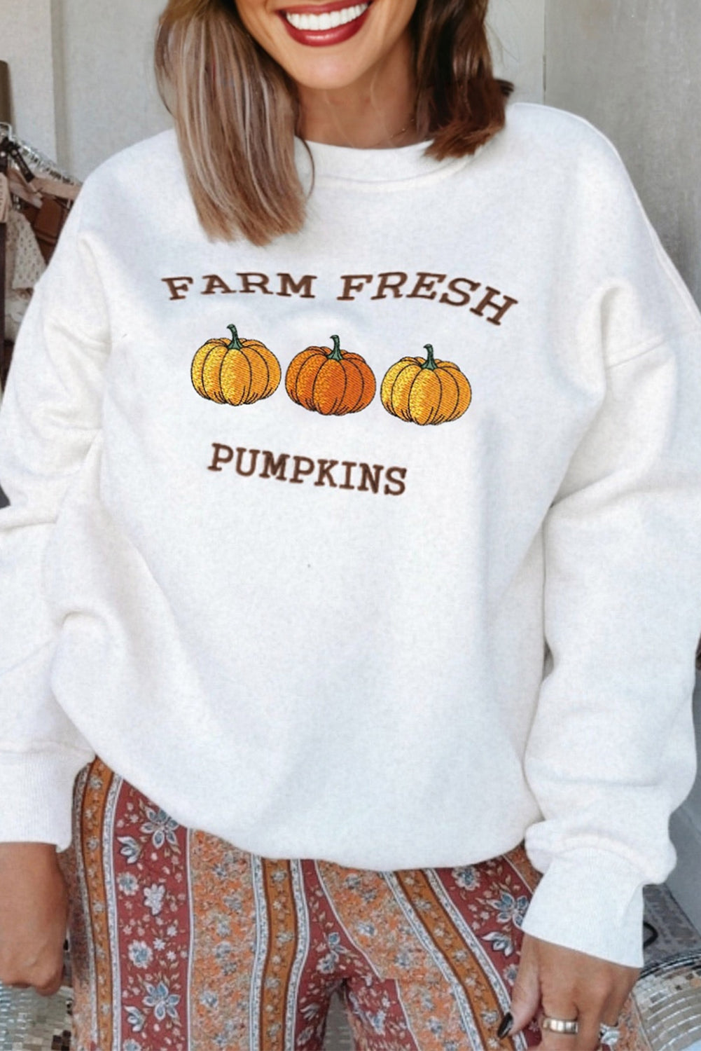 White FARM FRESH PUMPKINS Embroidered Sweatshirt