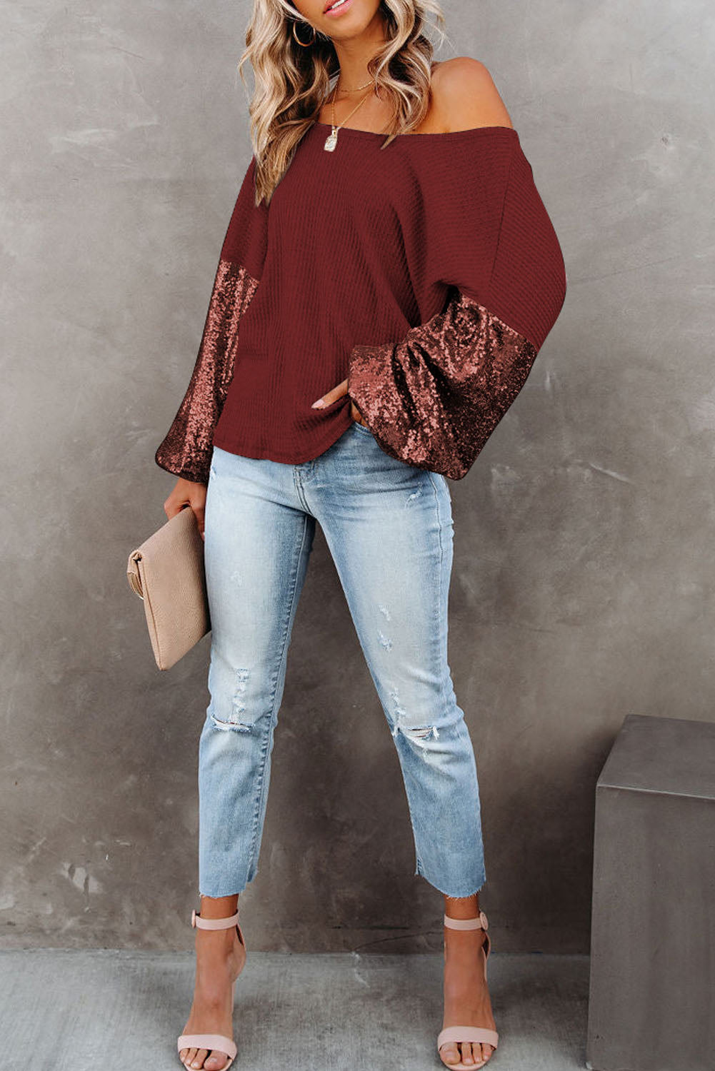 Sequin Sleeve Open Back Waffle Knit Top