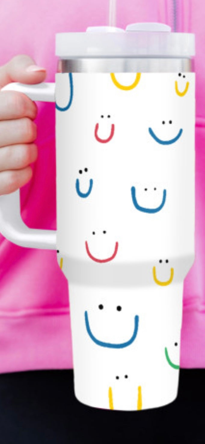 White Smiling Face Print Handle Vacuum Cup 40oz