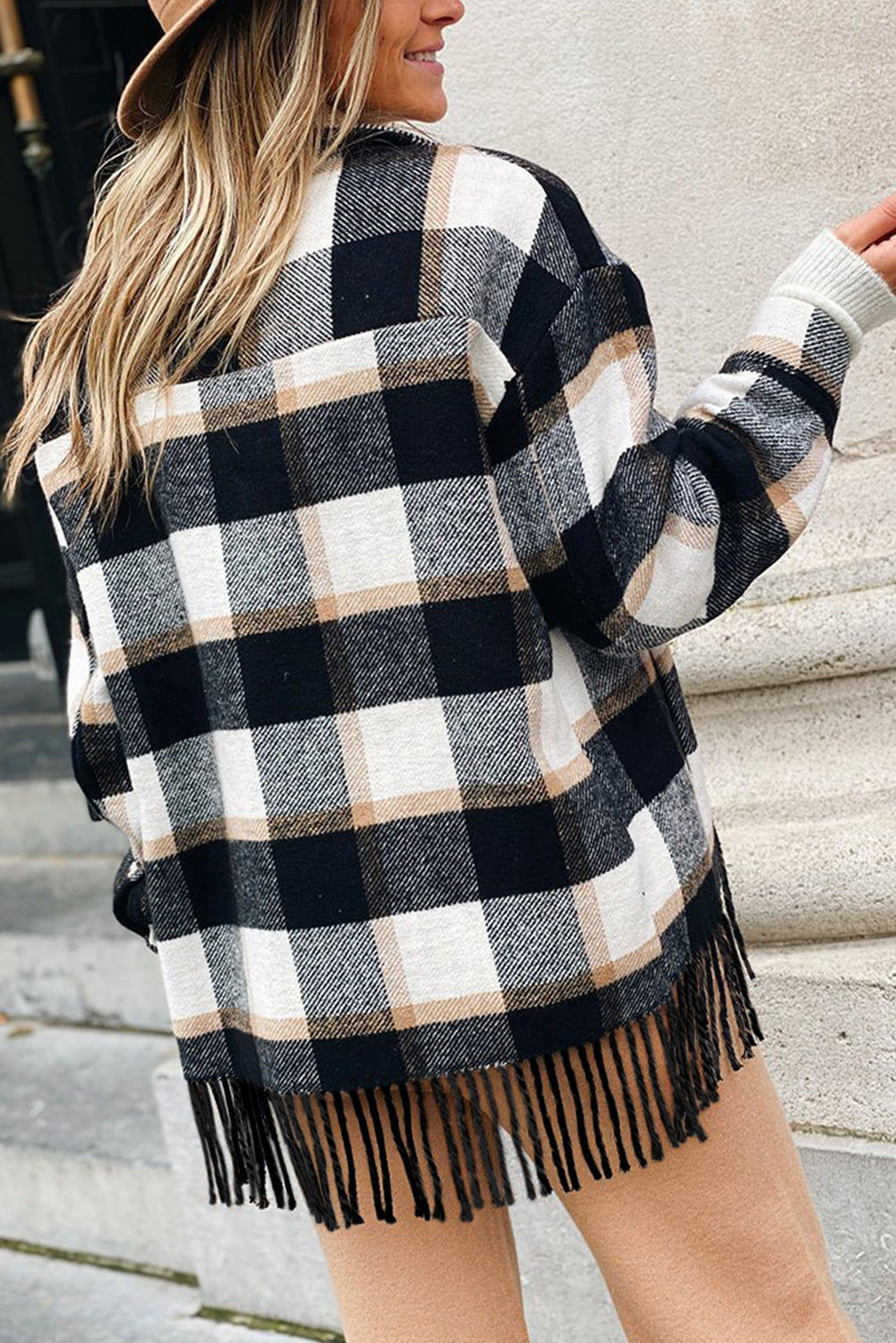 Sea Green Plaid Snap Button Pocket Fringed Hem Jacket