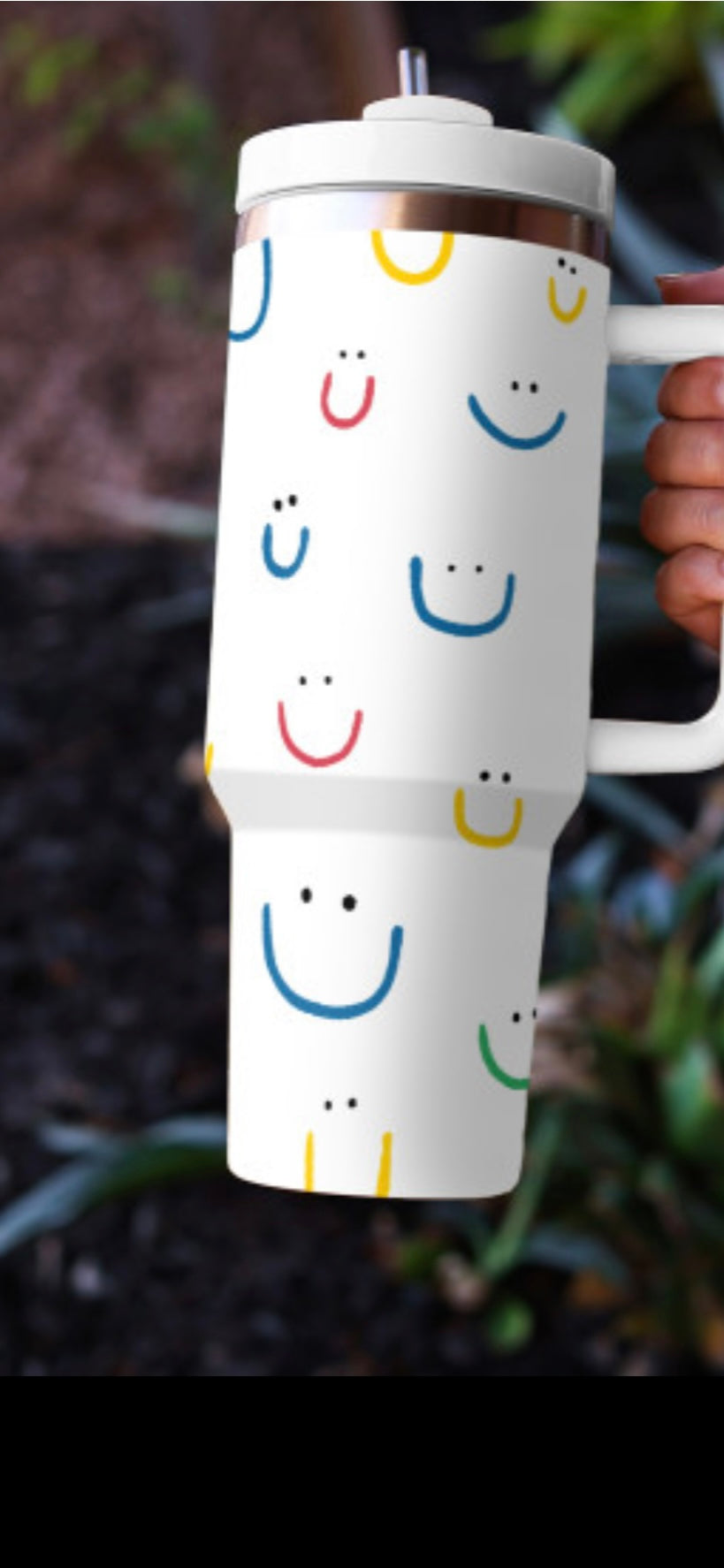 White Smiling Face Print Handle Vacuum Cup 40oz