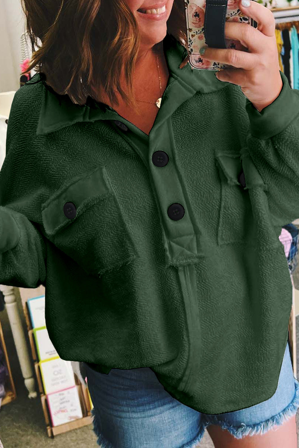 Black Plus Long Sleeve Flap Pocket Henley Top