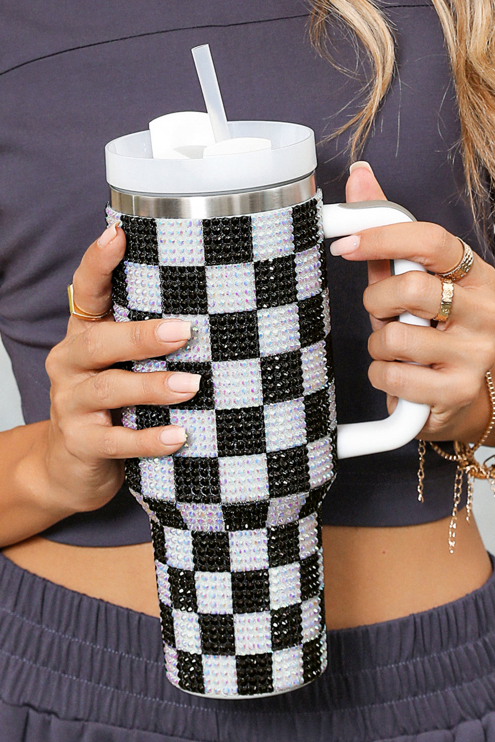 Blackish Green Full Rhinestone Checkerboard Handled Tumbler 40oz