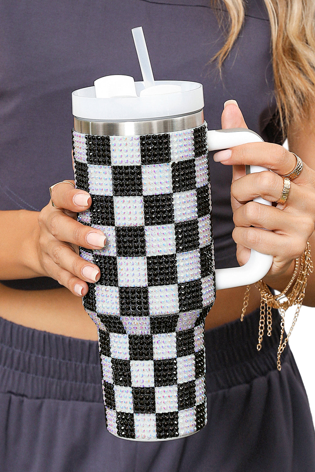 Blackish Green Full Rhinestone Checkerboard Handled Tumbler 40oz
