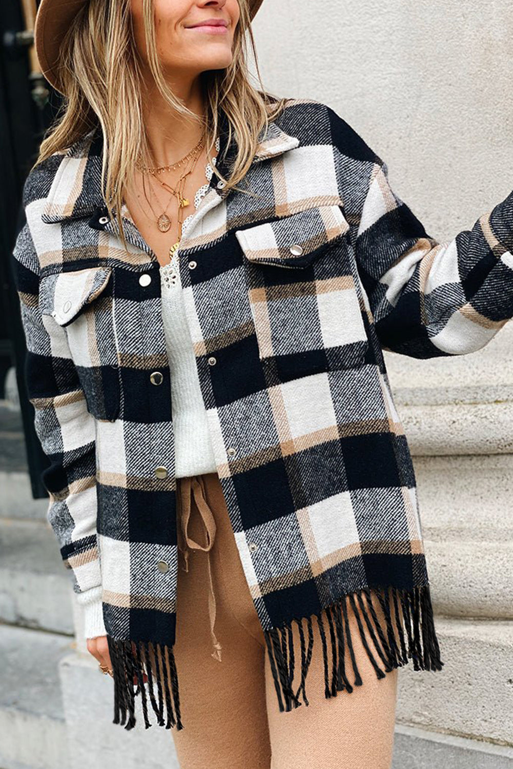 Sea Green Plaid Snap Button Pocket Fringed Hem Jacket