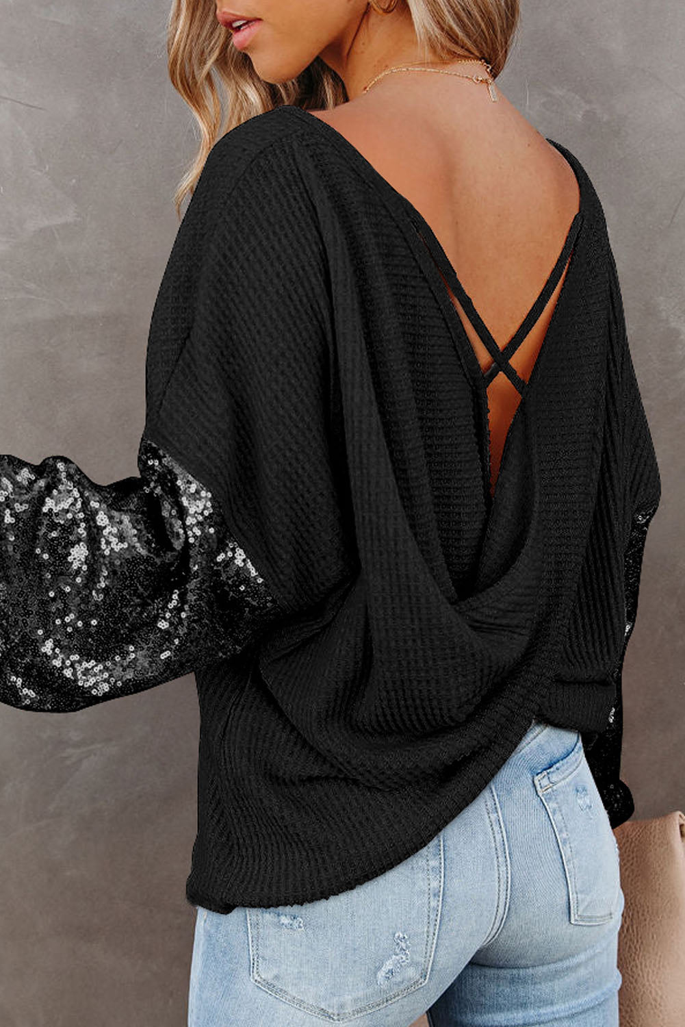 Sequin Sleeve Open Back Waffle Knit Top