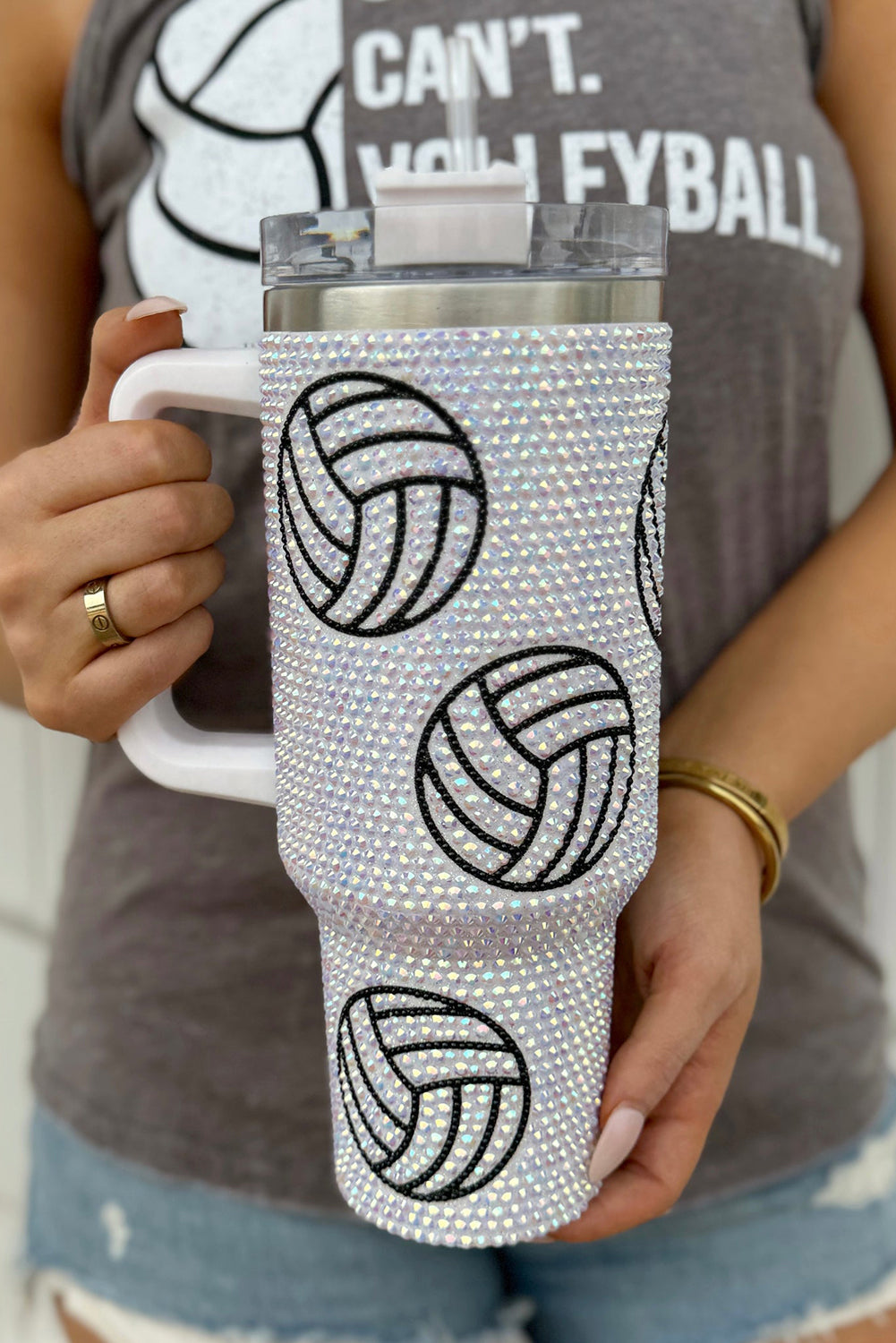 40 Oz Rhinestone Volleyball Tumbler with Handle