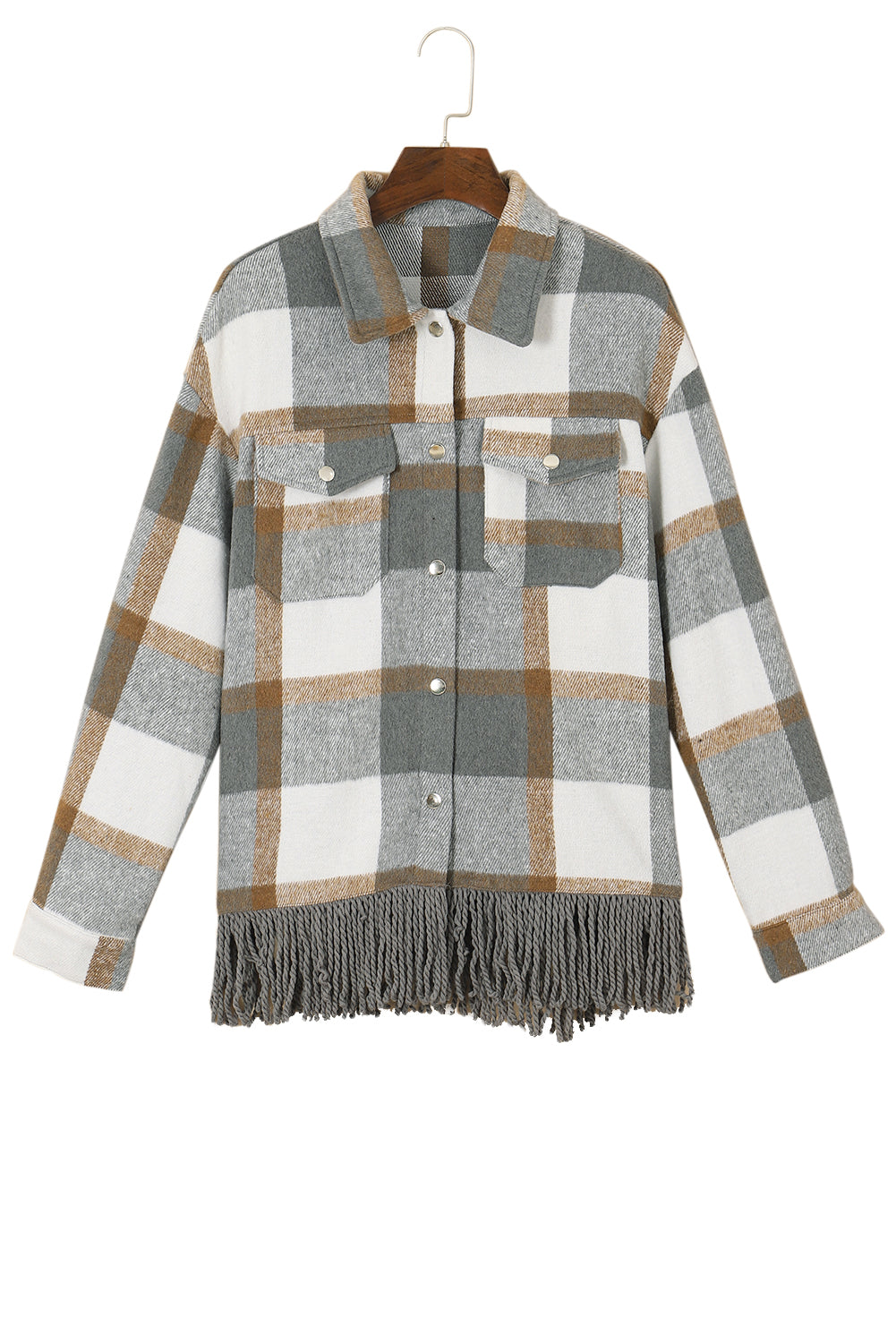 Sea Green Plaid Snap Button Pocket Fringed Hem Jacket