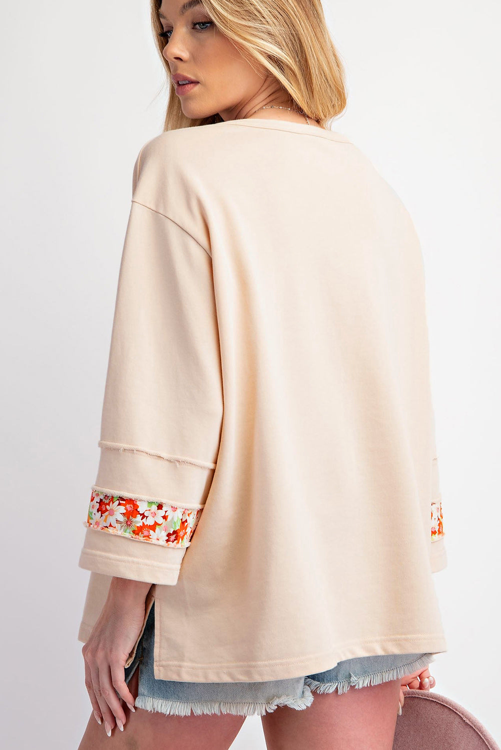 Flower Patched Side Slits Crewneck Top - Plus
