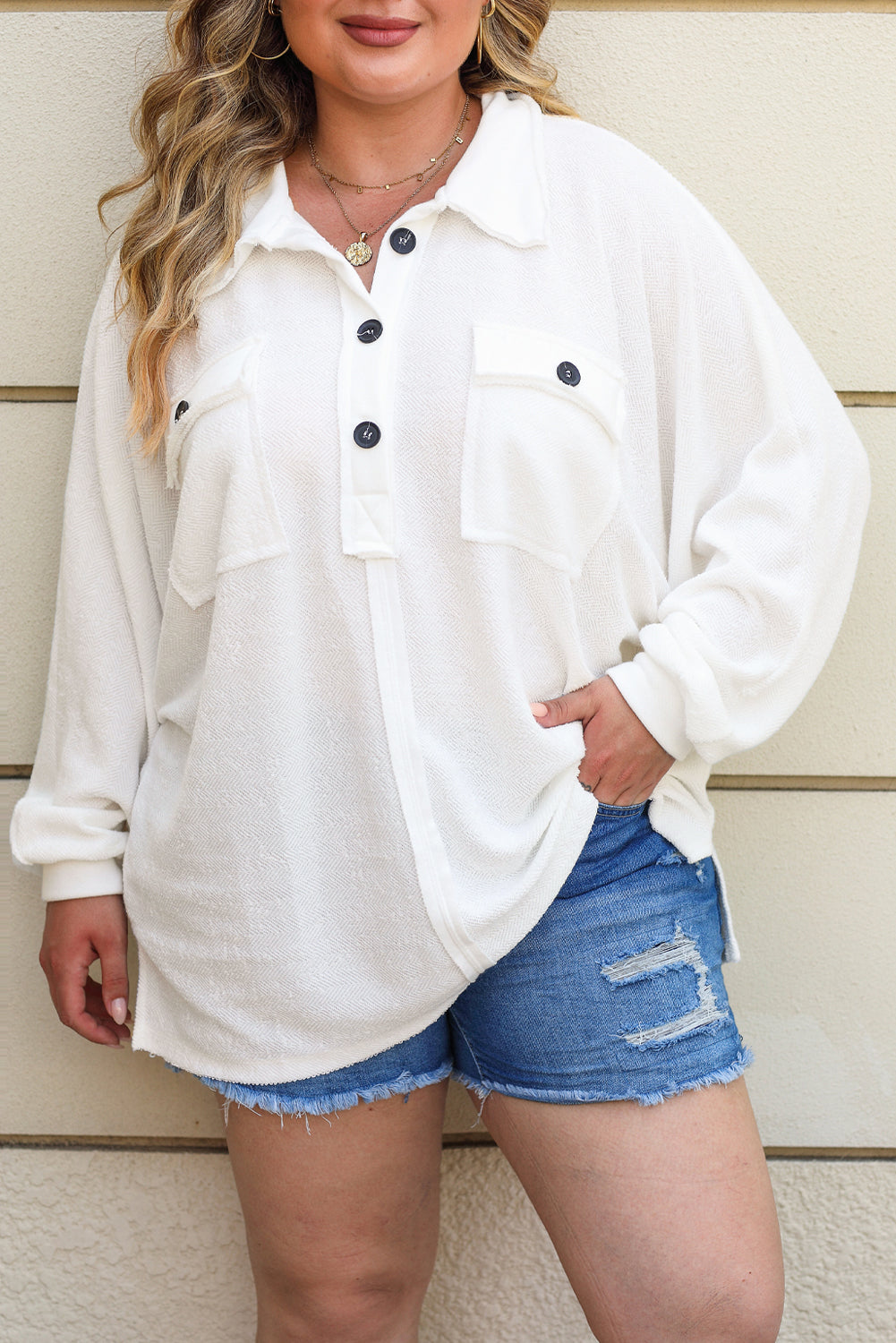 Black Plus Long Sleeve Flap Pocket Henley Top