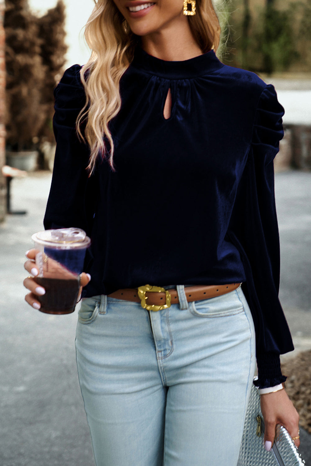 Blackish Green Mock Neck Puff Sleeve Velvet Blouse