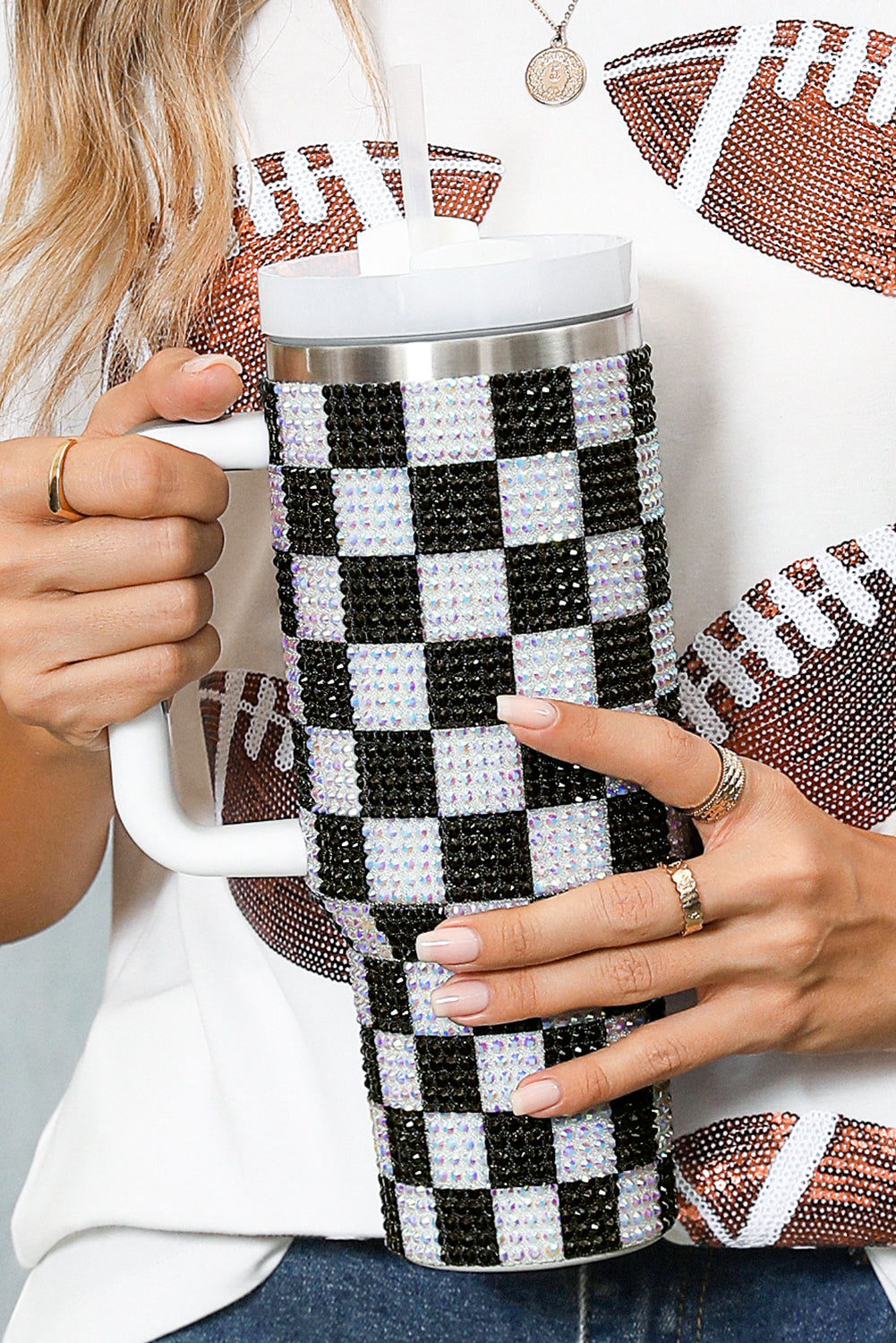 Blackish Green Full Rhinestone Checkerboard Handled Tumbler 40oz