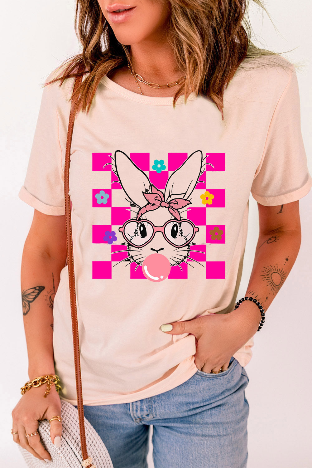 Easter Rabbit Checkered Flower T Shirt