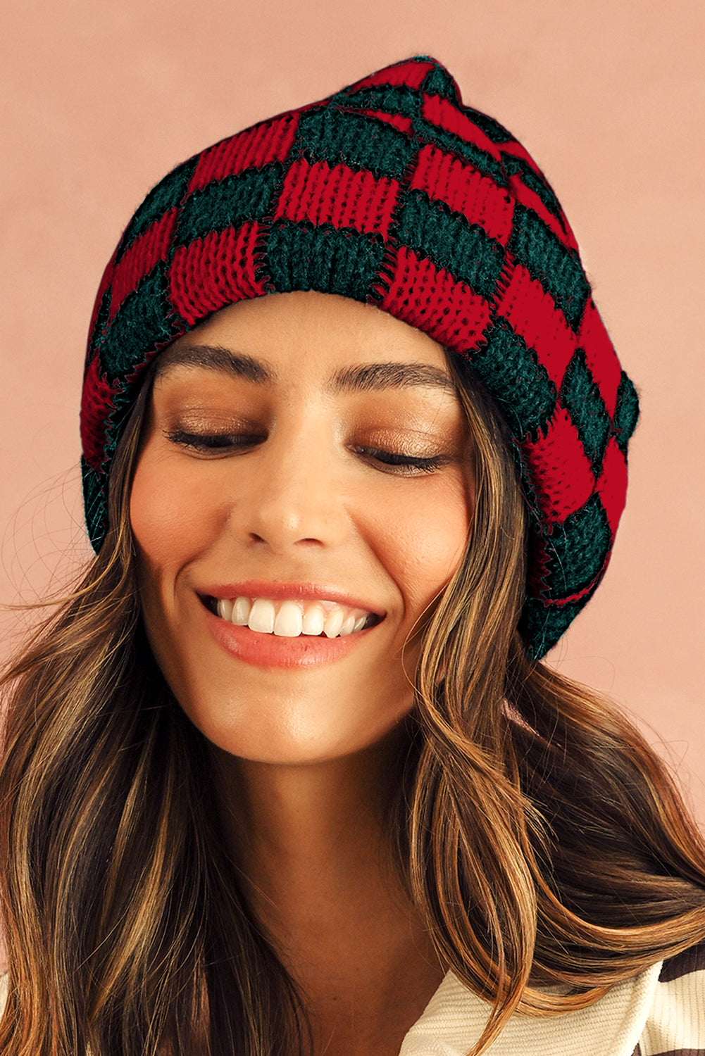 Black Two Tone Checkered Folded Eaveless Beanie Cap