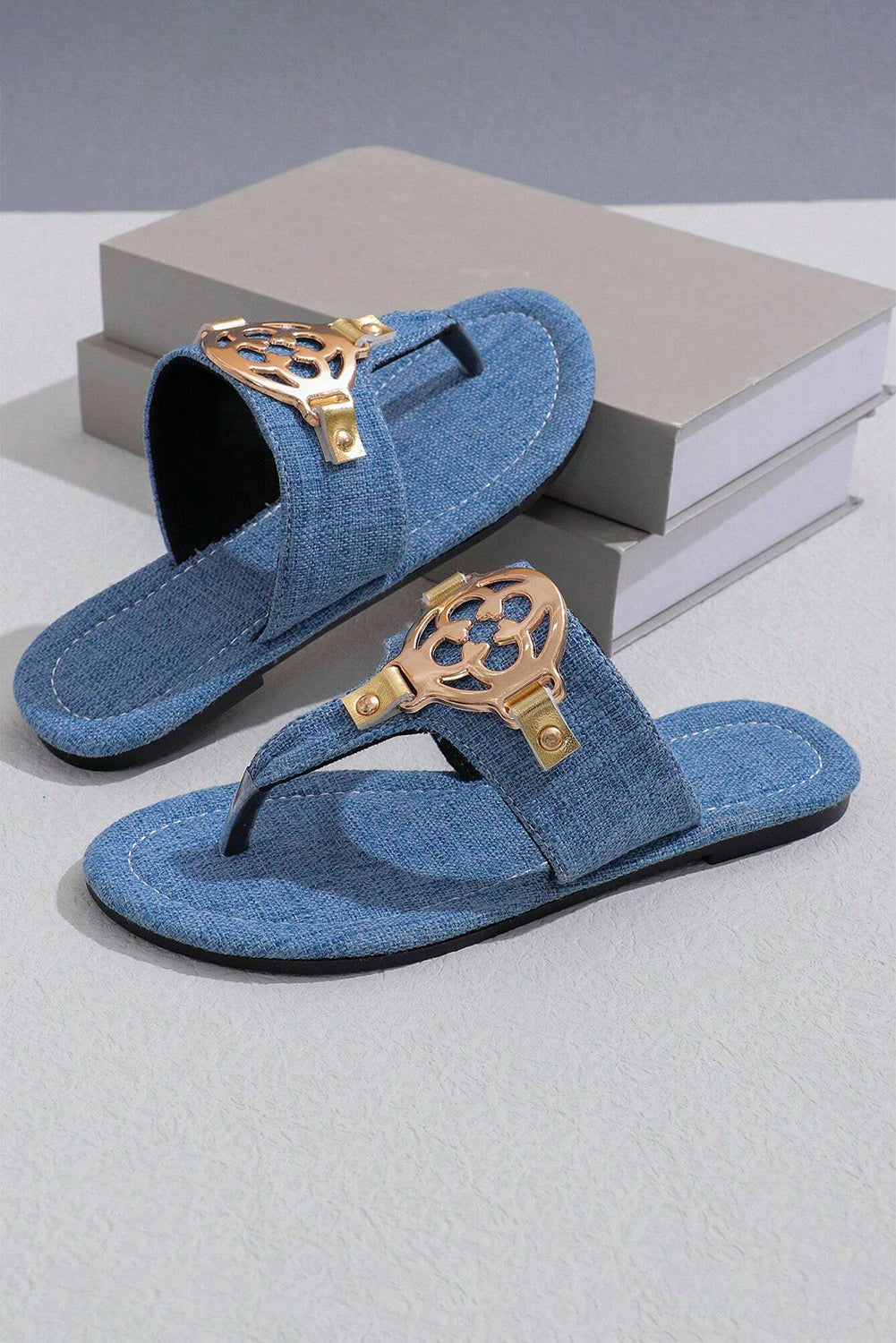 White Metal Décor Leather Thong Slippers
