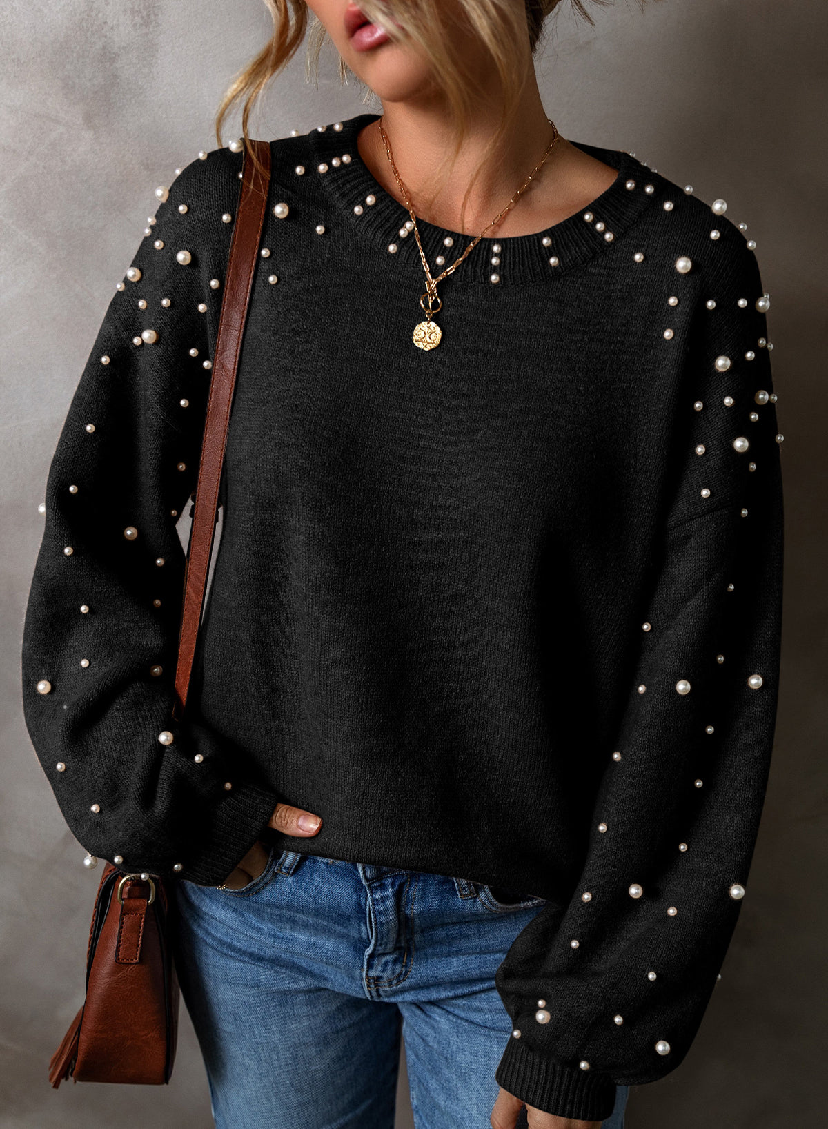 Pearled Drop Shoulder Round Neck Sweater