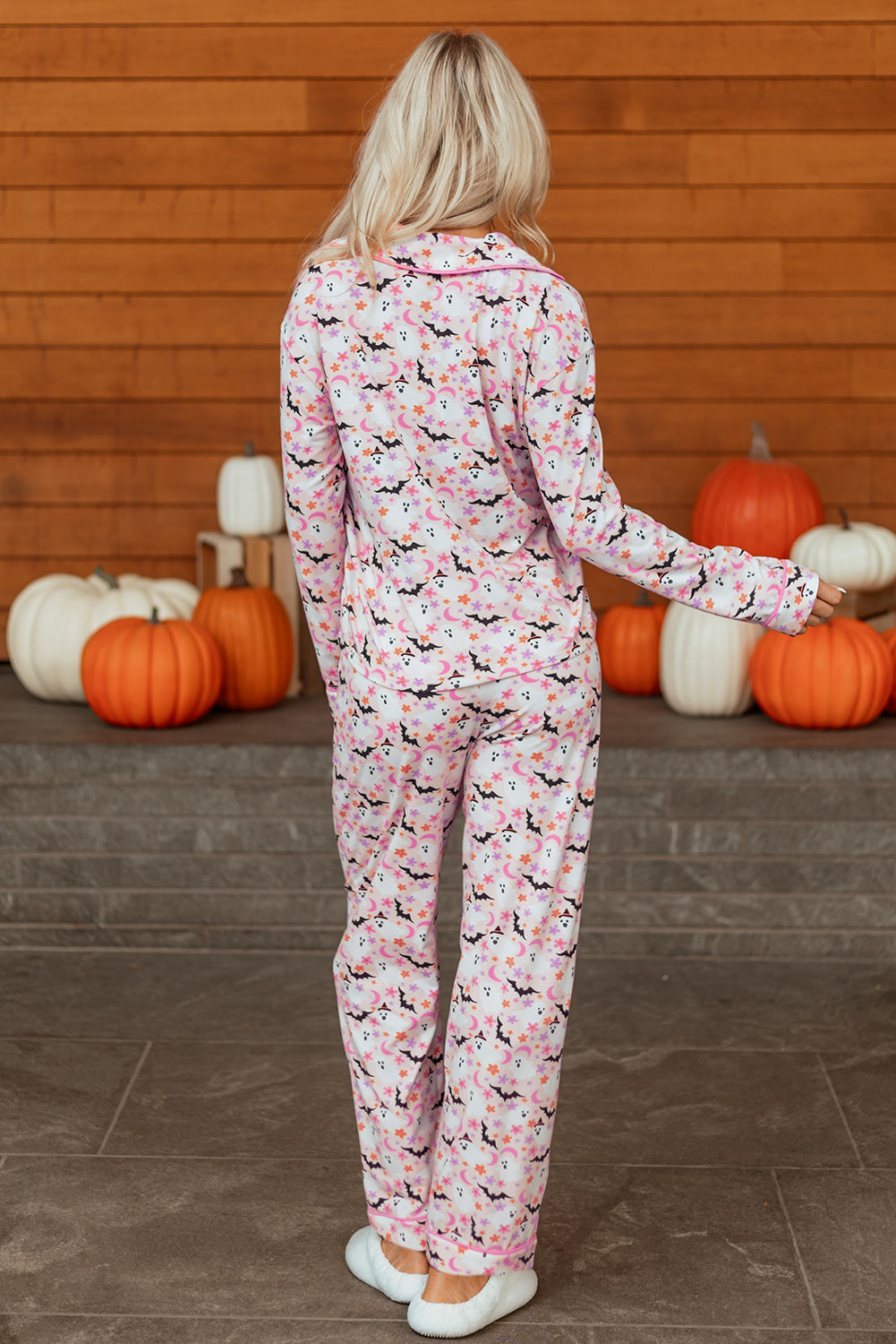 Pink Halloween, Haunted, Bat Print Pajama Set