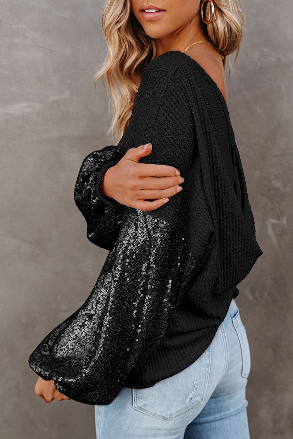 Sequin Sleeve Open Back Waffle Knit Top