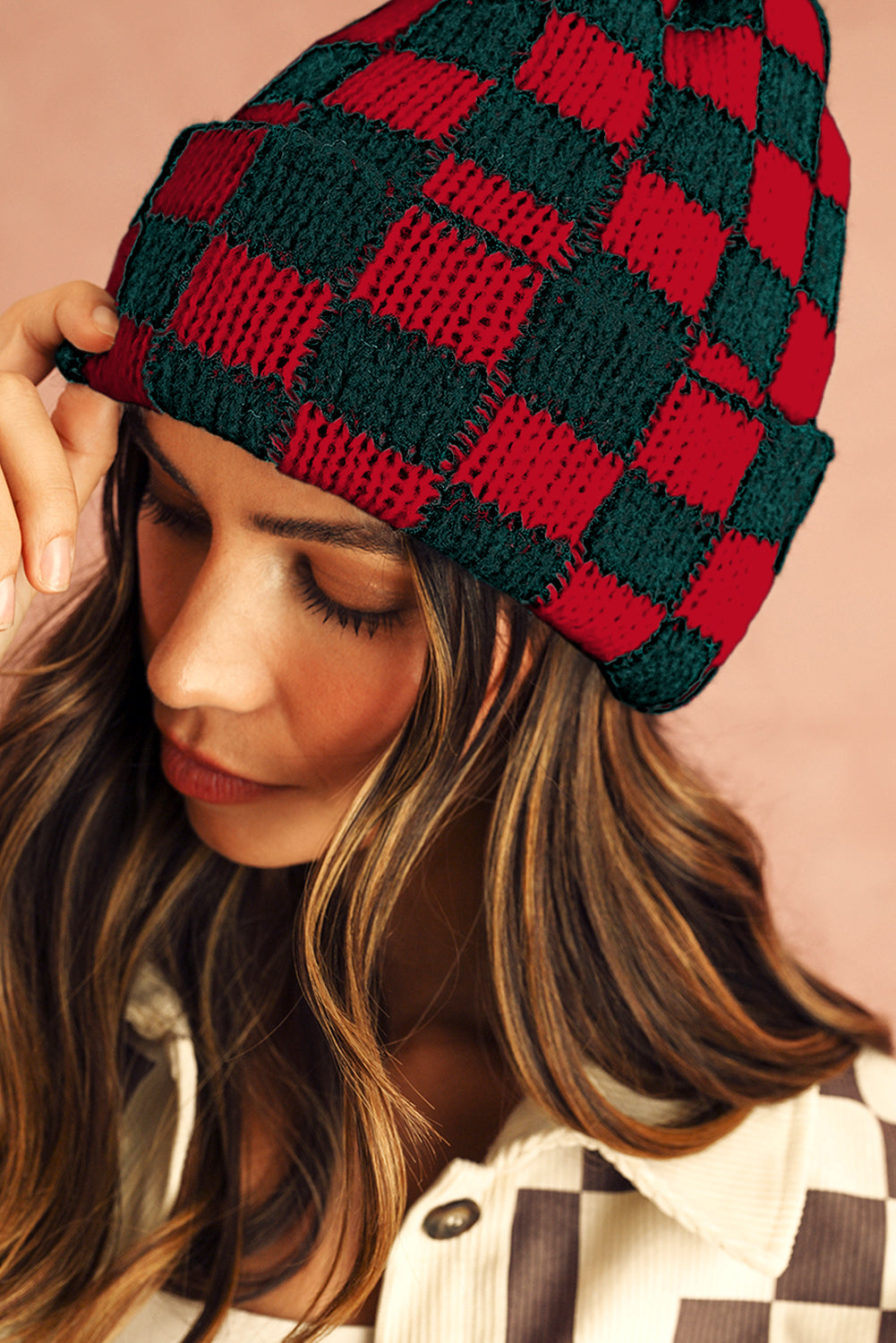 Black Two Tone Checkered Folded Eaveless Beanie Cap