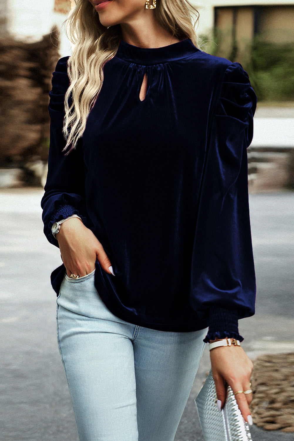 Blackish Green Mock Neck Puff Sleeve Velvet Blouse