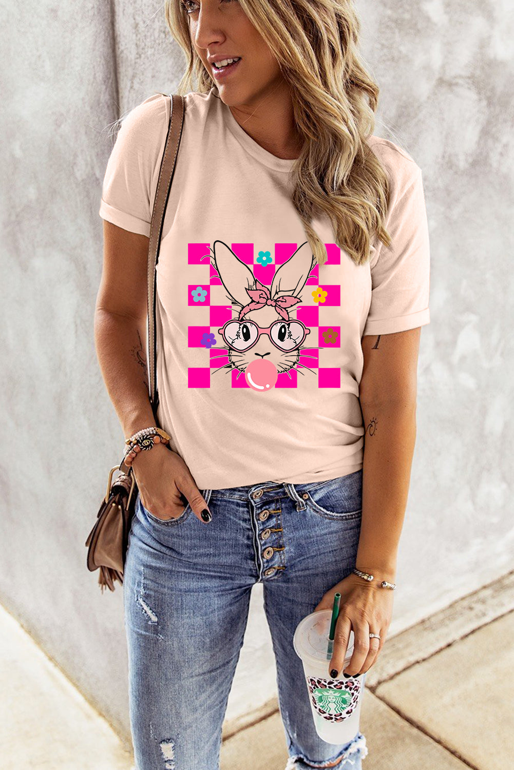 Easter Rabbit Checkered Flower T Shirt