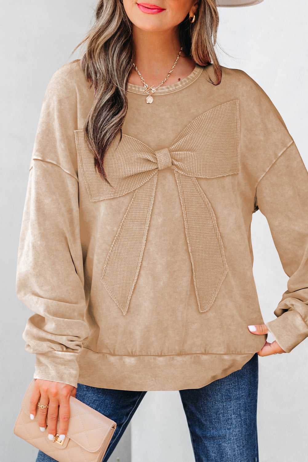 Mineral Wash Big Bow Patchwork Pullover Sweatshirt