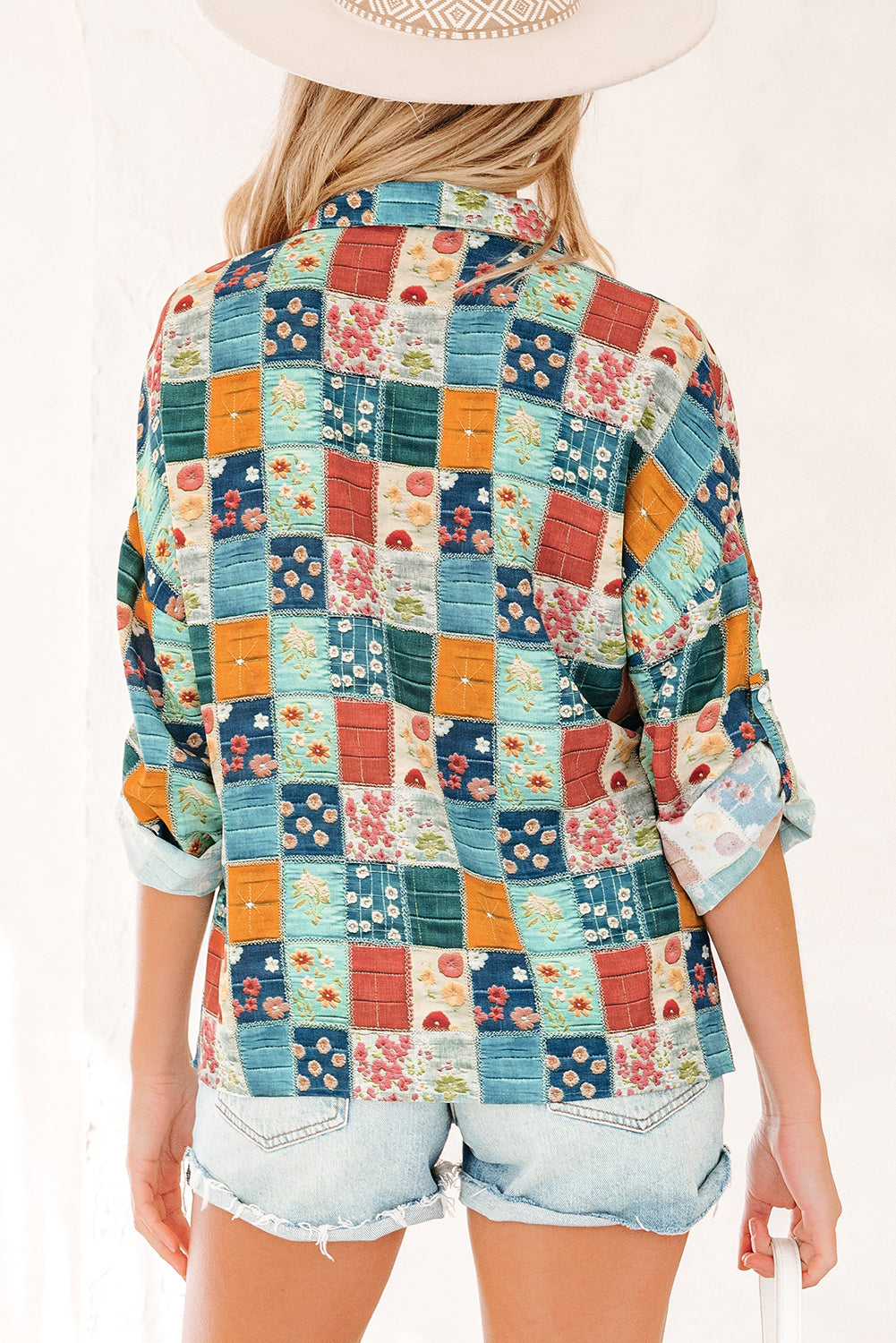 Blue Floral Collared V Neck Roll up Sleeve Shift Blouse