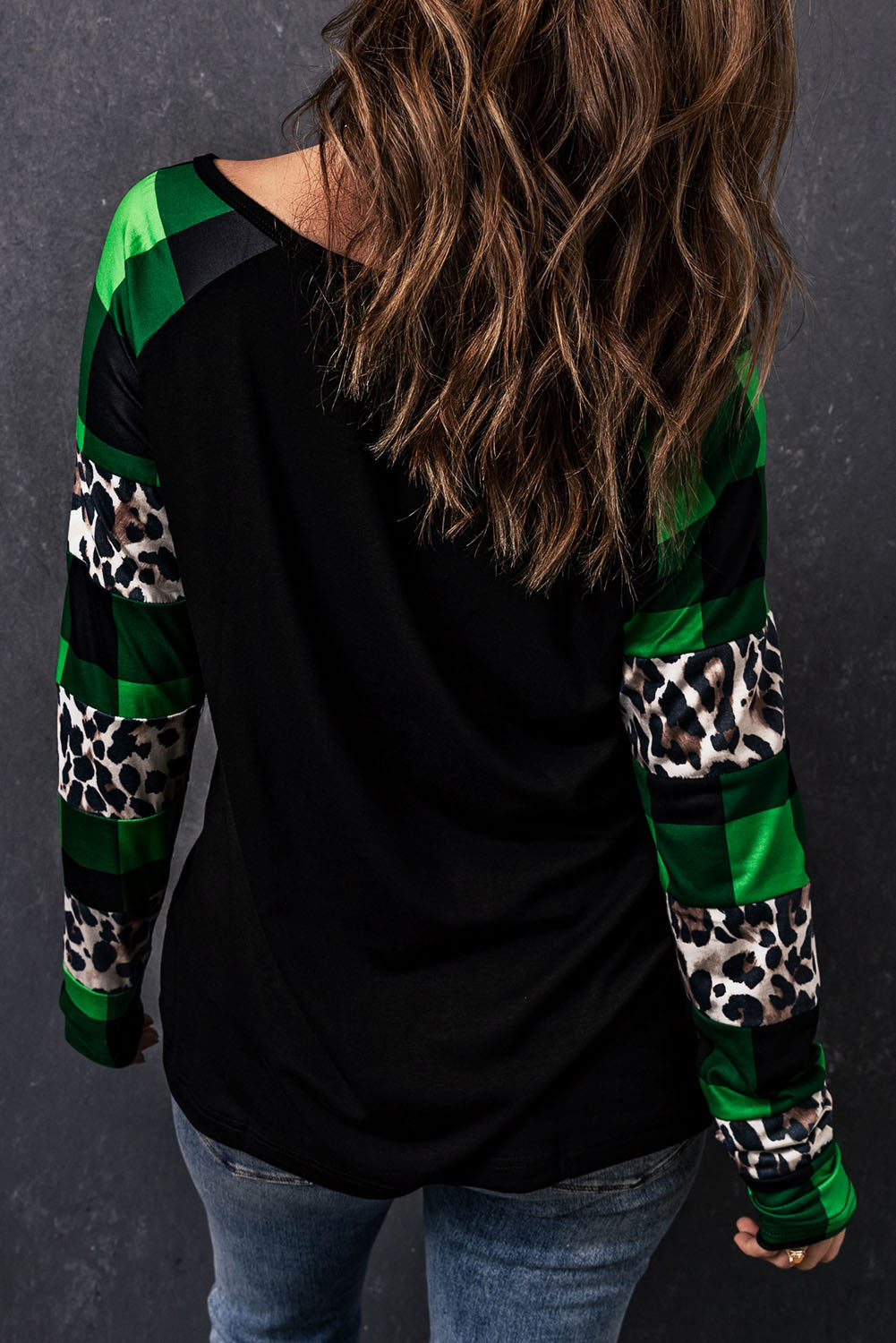 Black Sequin Clover Plaid & Leopard Sleeve Top
