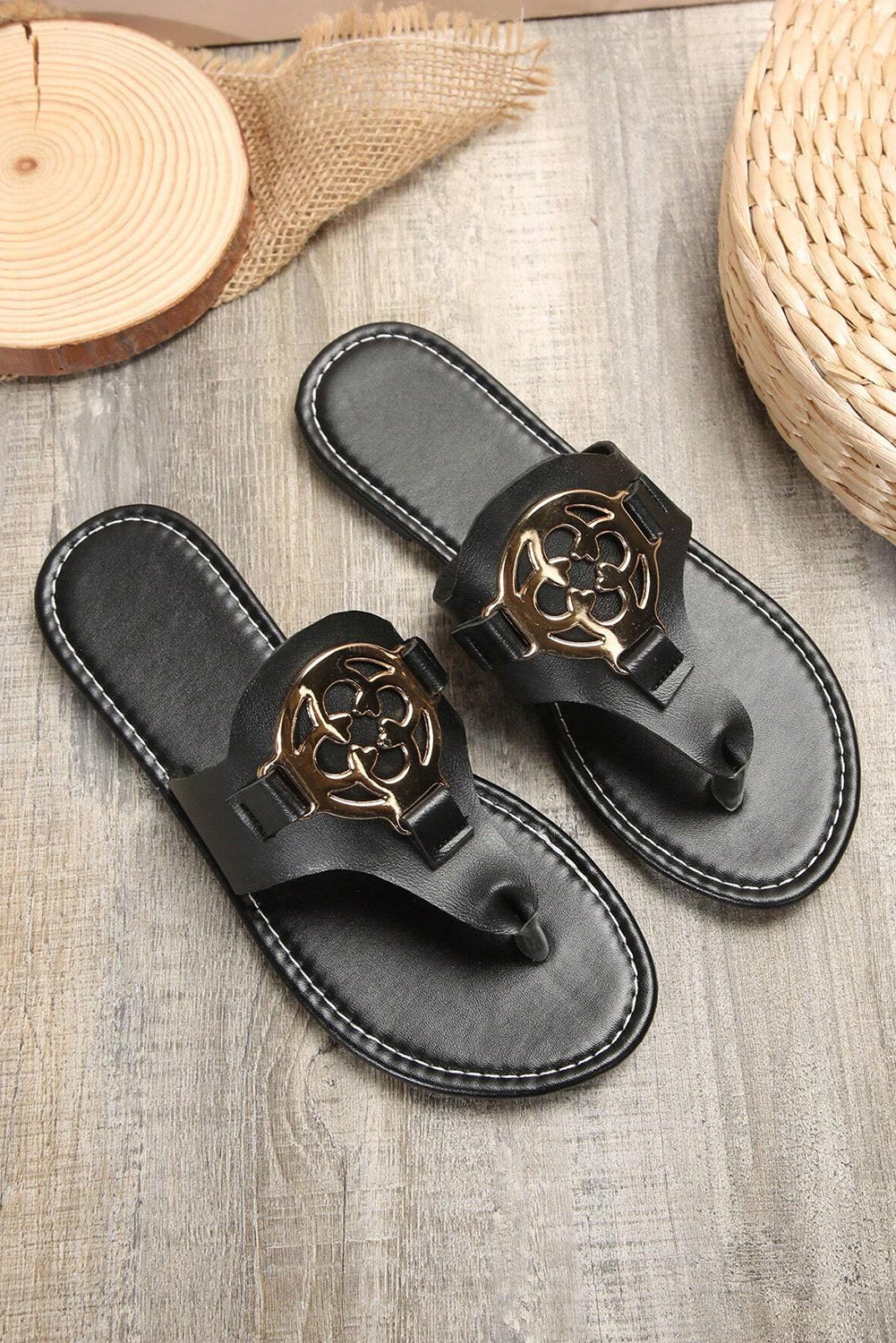 White Metal Décor Leather Thong Slippers