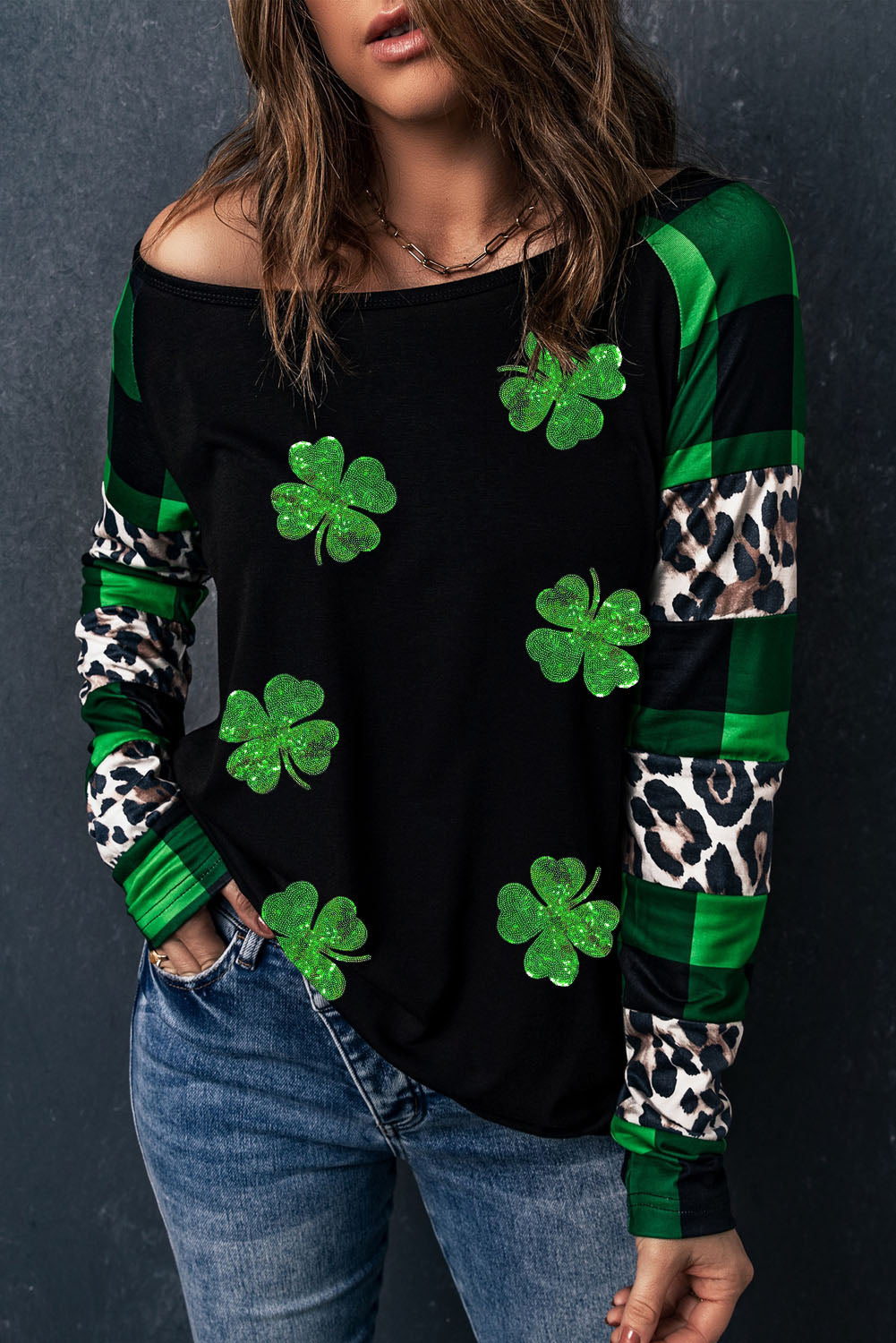 Black Sequin Clover Plaid & Leopard Sleeve Top