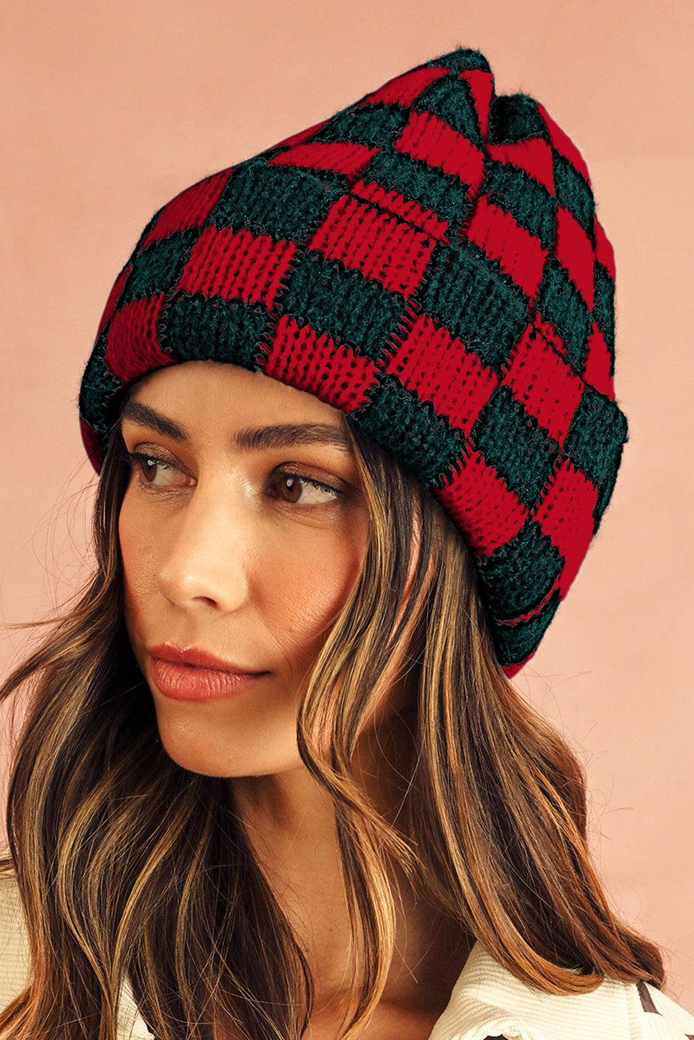 Black Two Tone Checkered Folded Eaveless Beanie Cap