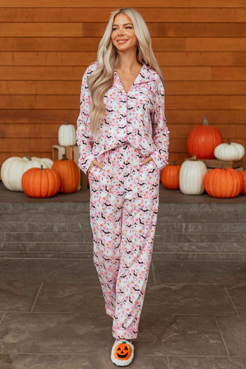 Pink Halloween, Haunted, Bat Print Pajama Set