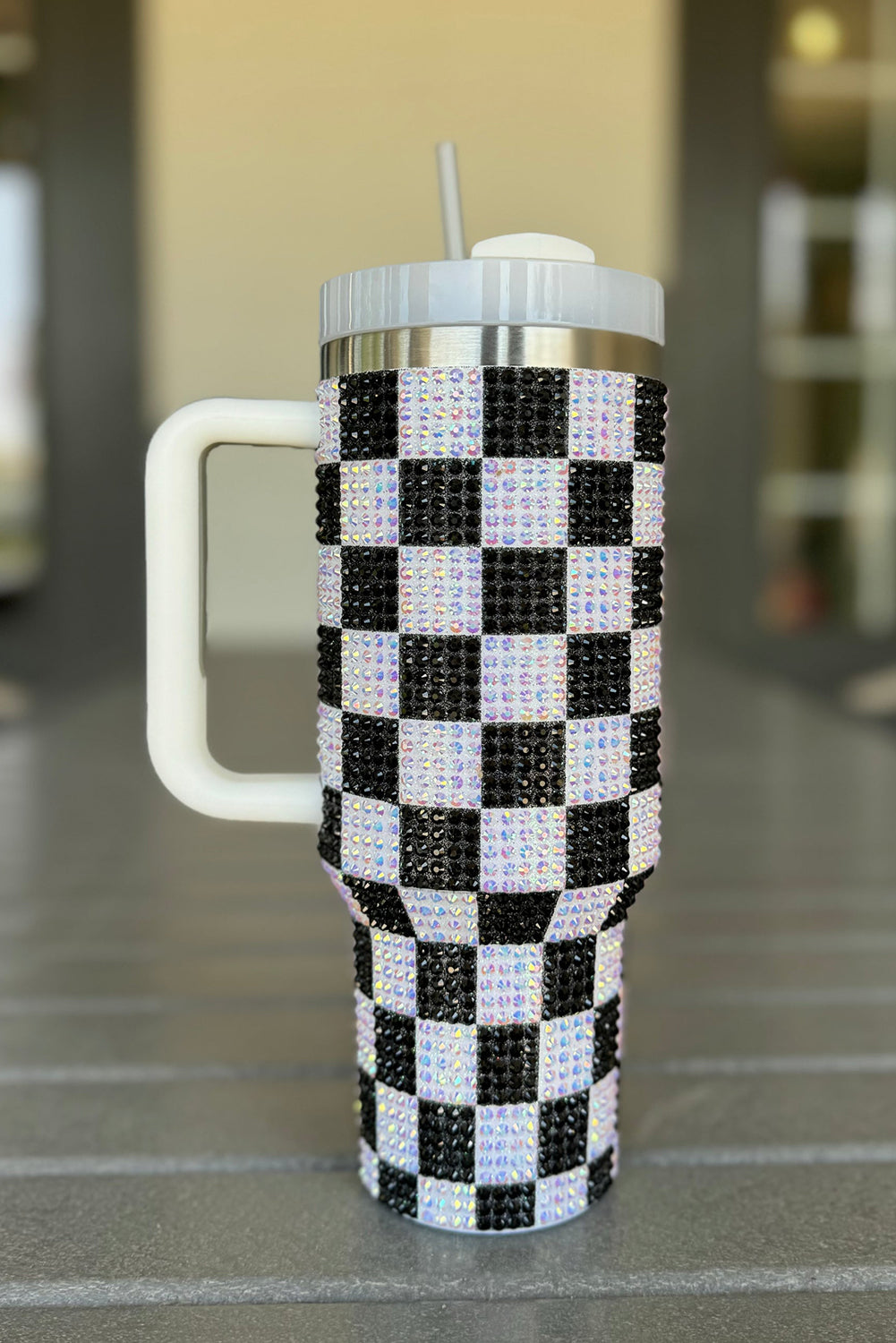 Blackish Green Full Rhinestone Checkerboard Handled Tumbler 40oz