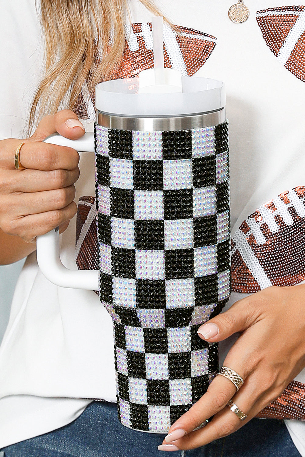 Blackish Green Full Rhinestone Checkerboard Handled Tumbler 40oz