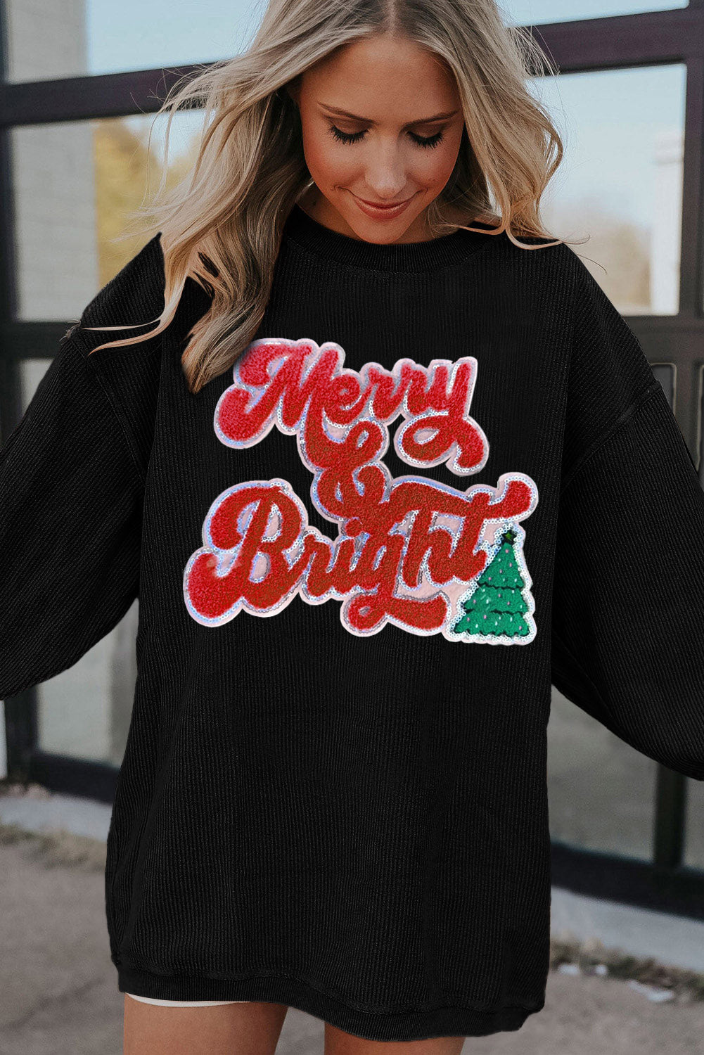 Black Merry & Bright Christmas Tree Pattern Corded Baggy Sweatshirt