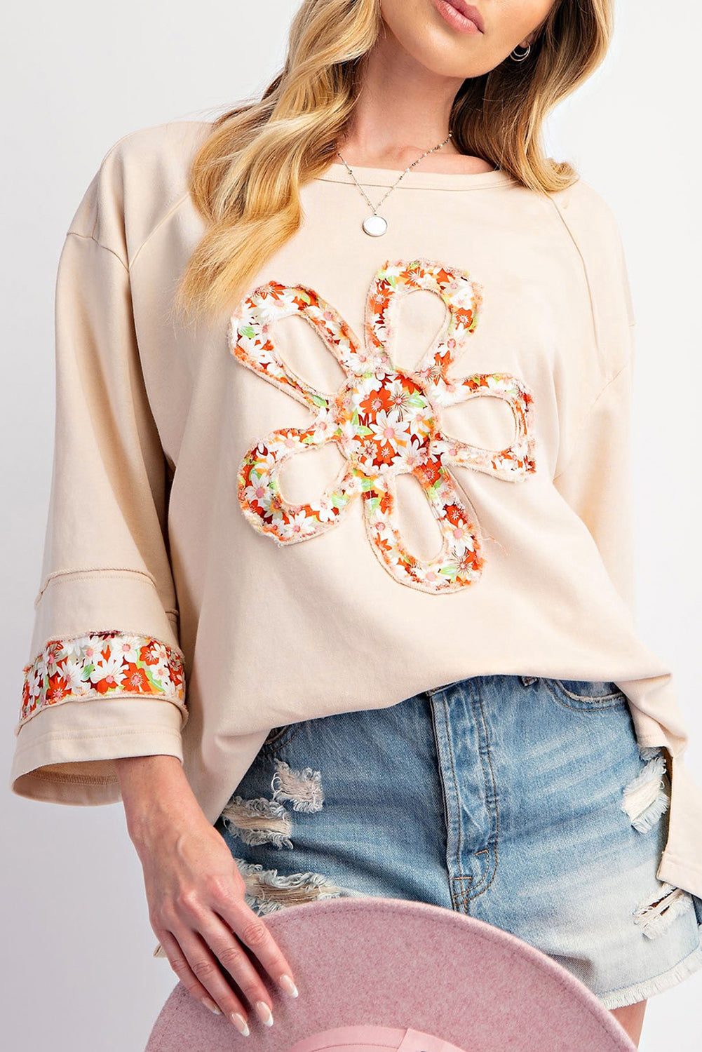 Flower Patched Side Slits Crewneck Top - Plus