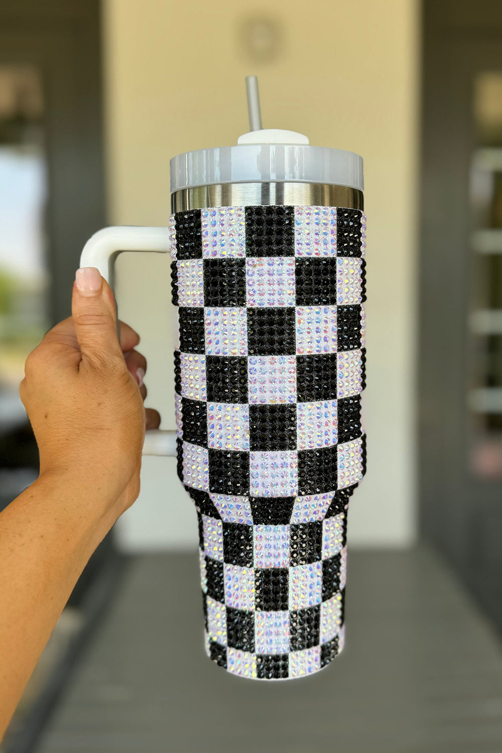 Blackish Green Full Rhinestone Checkerboard Handled Tumbler 40oz