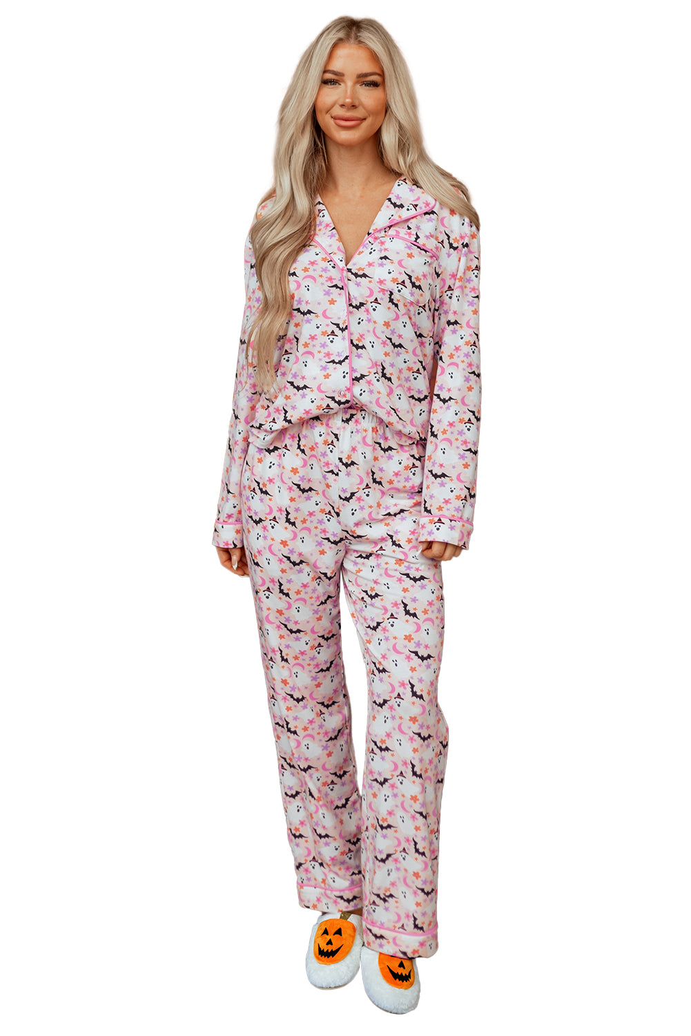 Pink Halloween, Haunted, Bat Print Pajama Set