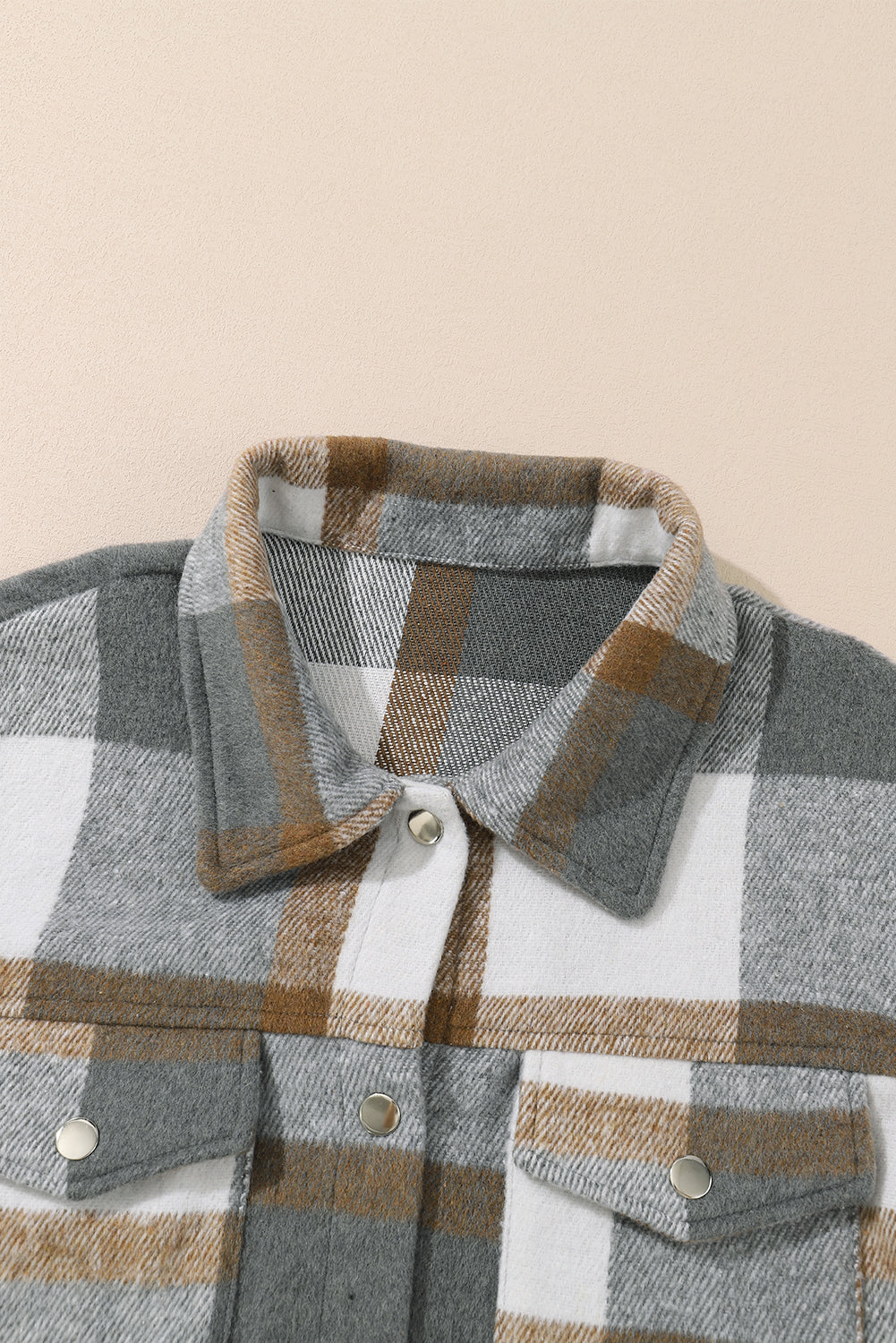 Sea Green Plaid Snap Button Pocket Fringed Hem Jacket