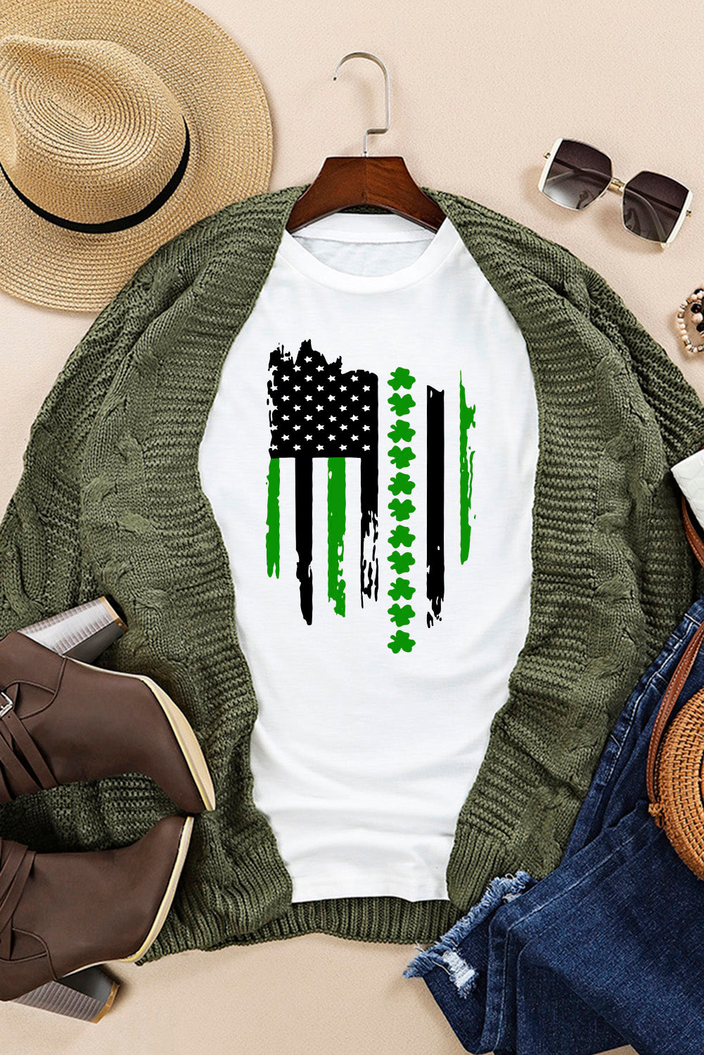 White St. Patricks Clover American Flag Tee