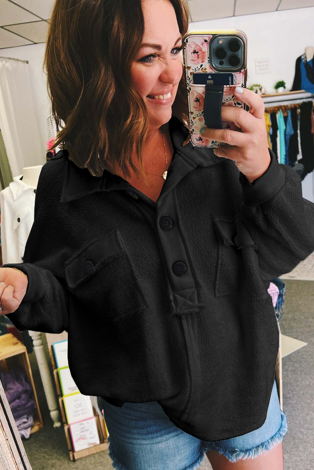 Black Plus Long Sleeve Flap Pocket Henley Top