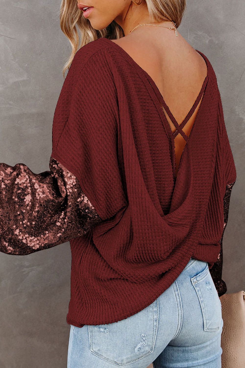 Sequin Sleeve Open Back Waffle Knit Top