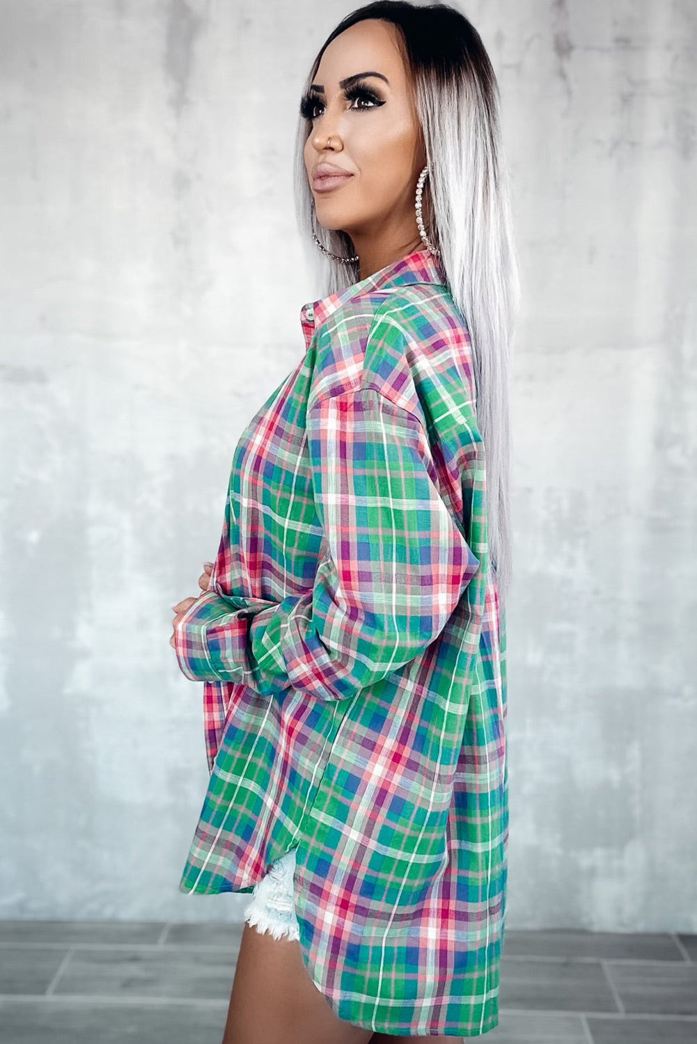 Plaid Long Sleeve Button Down Split Shirt