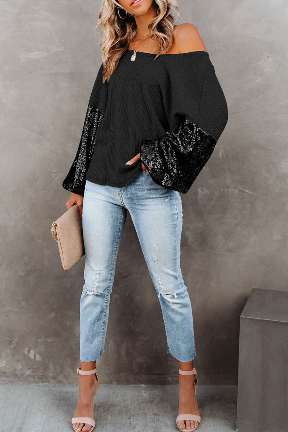 Sequin Sleeve Open Back Waffle Knit Top