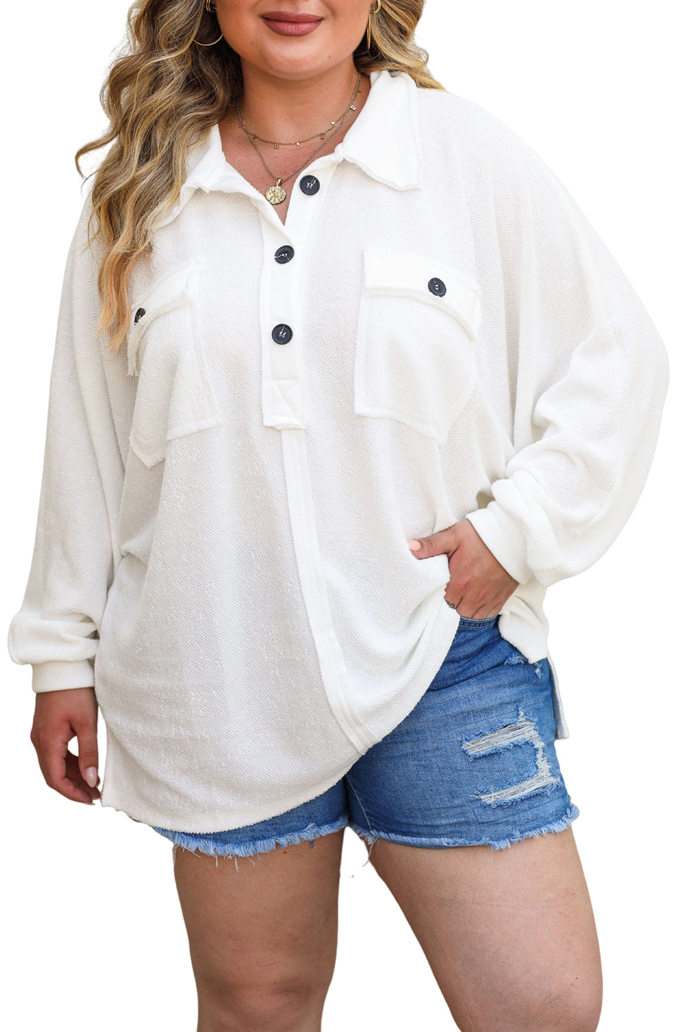 Black Plus Long Sleeve Flap Pocket Henley Top