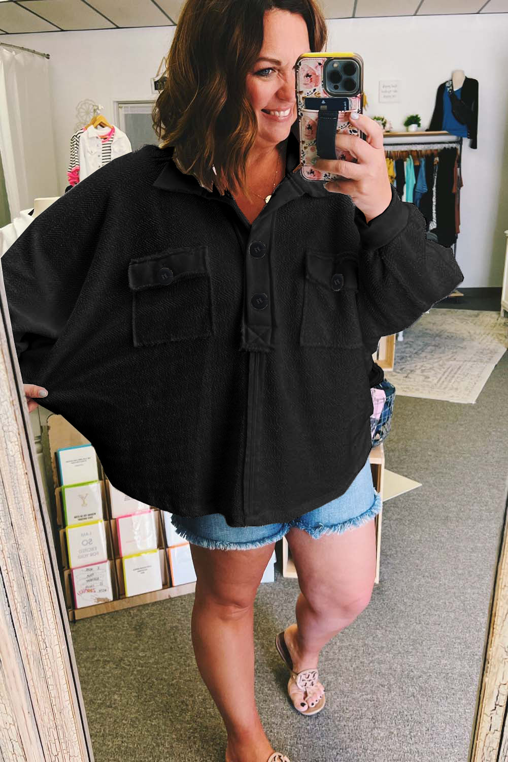Black Plus Long Sleeve Flap Pocket Henley Top
