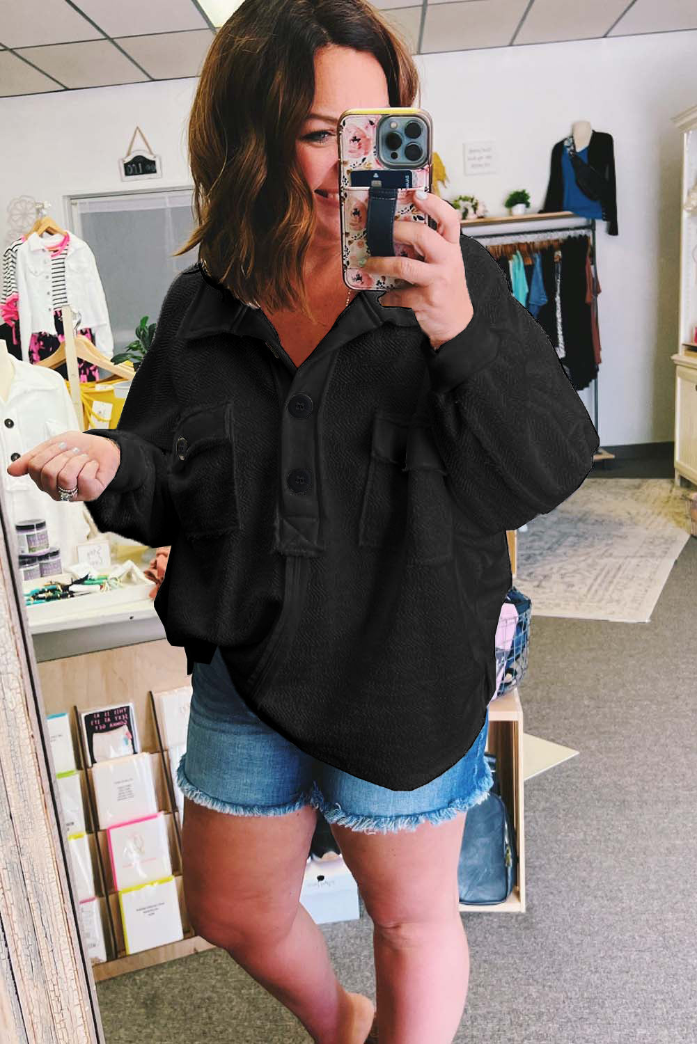 Black Plus Long Sleeve Flap Pocket Henley Top