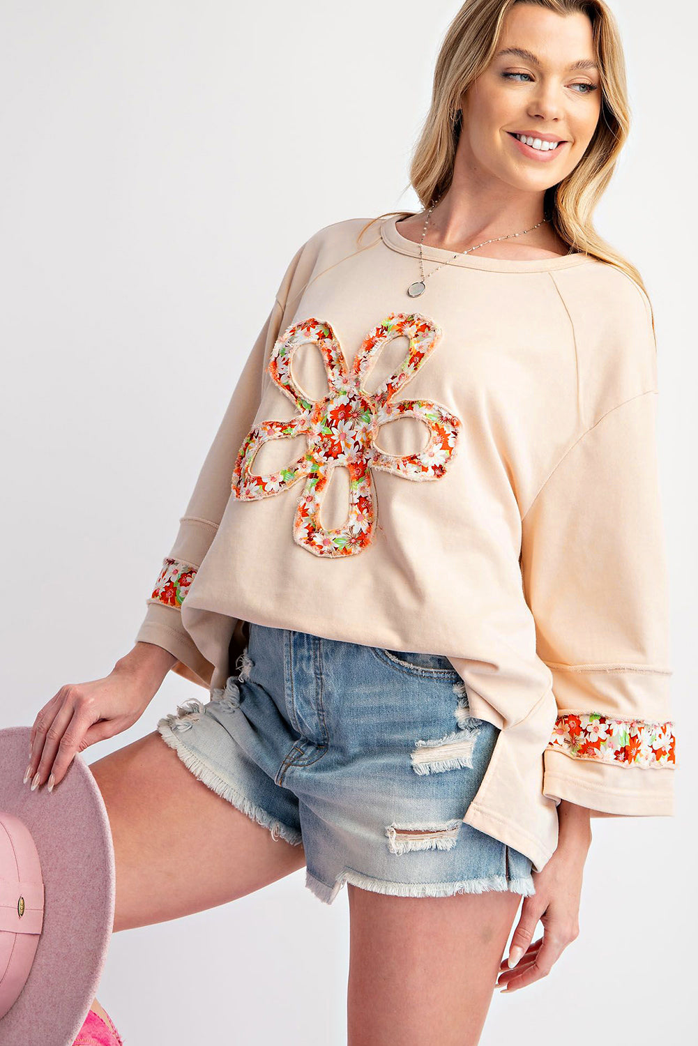 Flower Patched Side Slits Crewneck Top - Plus