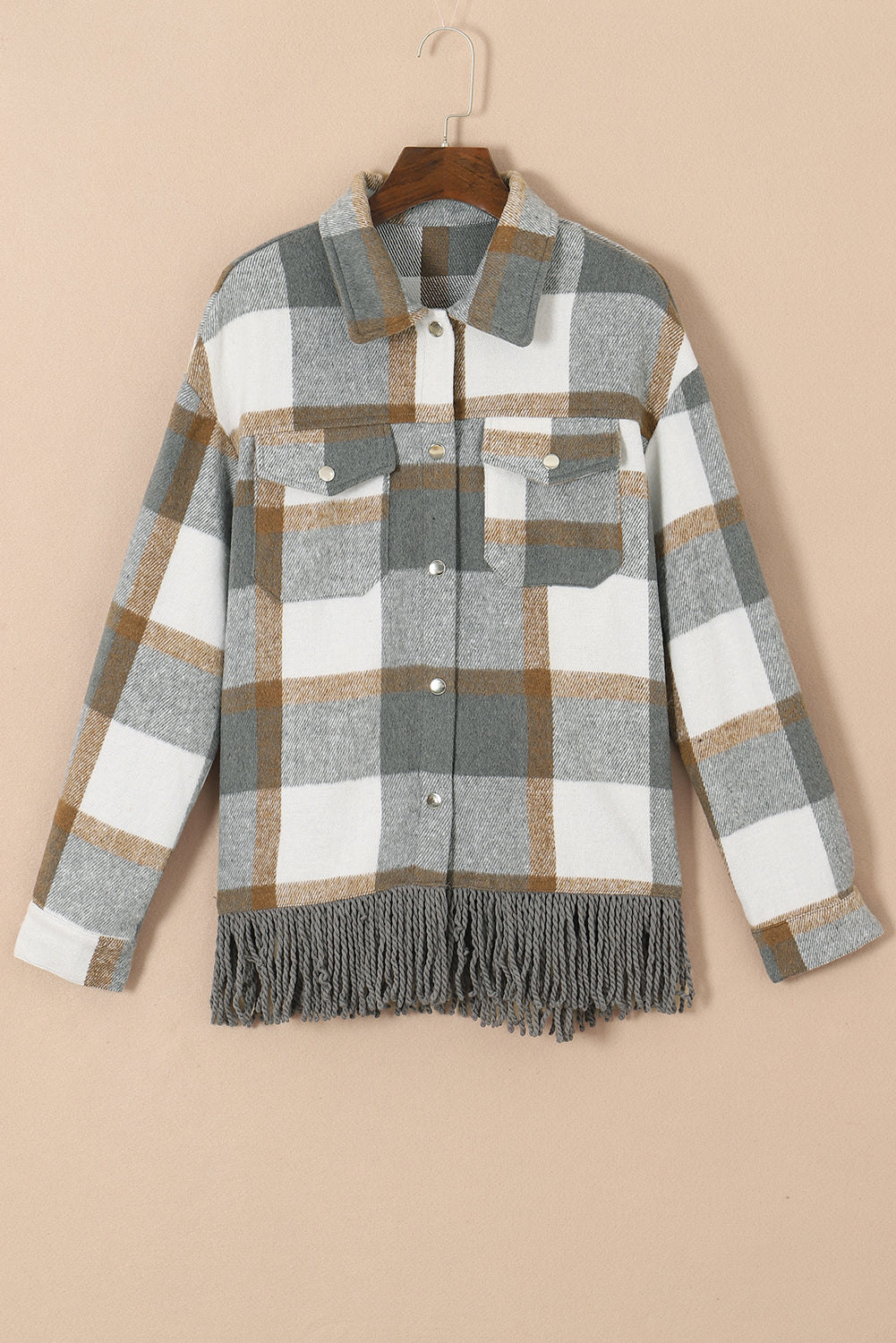 Sea Green Plaid Snap Button Pocket Fringed Hem Jacket