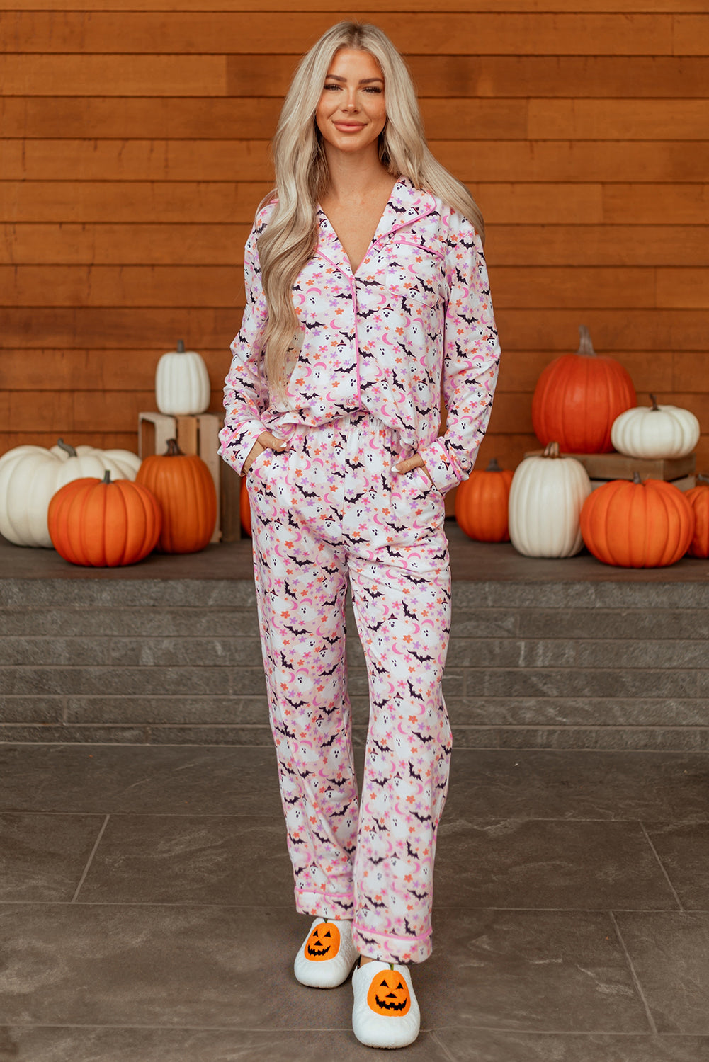 Pink Halloween, Haunted, Bat Print Pajama Set